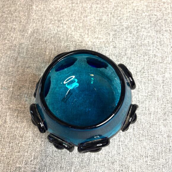 Hand Blown Sapphire Blue Mexican Art Glass Votive Bowl with Glass Medallions - Picture 5 of 5